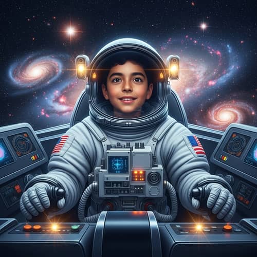 Young Hispanic Boy in Astronaut Suit on Futuristic Spaceship