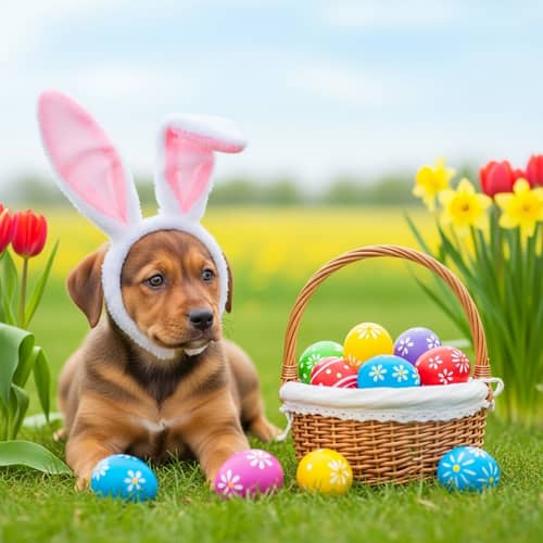 Easter Puppy with Rabbit Ears and Basket Fantasy