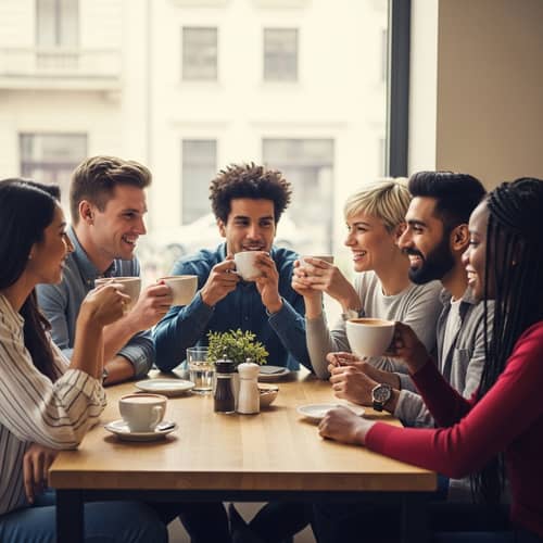 Warm and Cozy Coffee Shop Gathering with Diverse Group of Friends