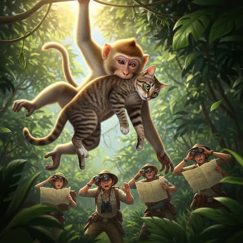 Monkey Holding Cat - Escaping Pursuers