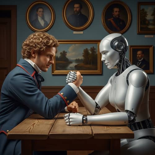 Lifelike Pushkin vs. Futuristic Robot Arm-Wrestling