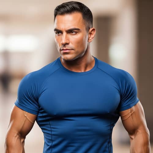 Muscular Man with Strong Features in Blue Shirt