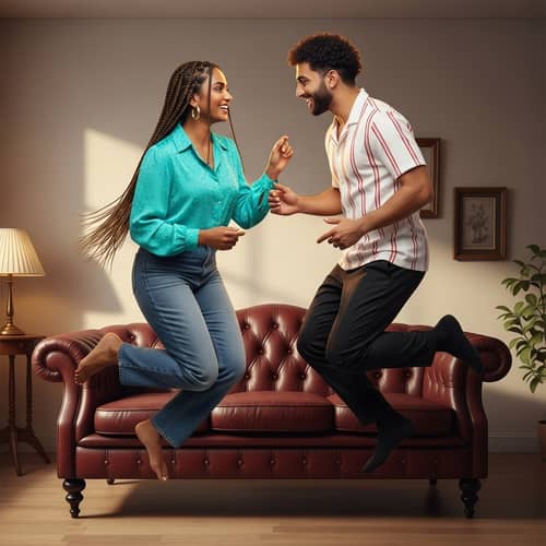 Friendly Interaction of Couple Floating Above Vintage-styled Couch