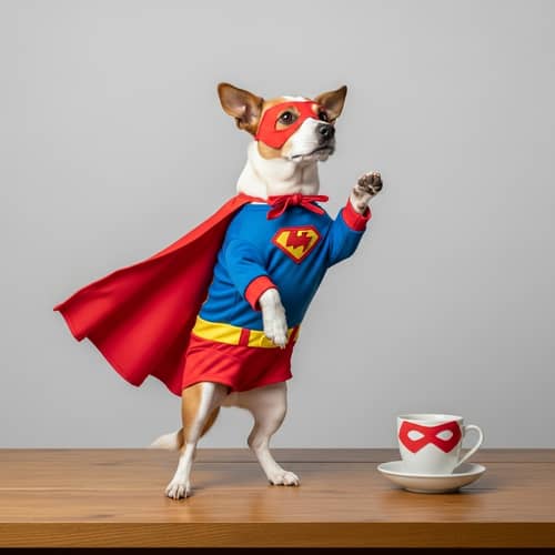 Superhero Dog on Table: Lively Canine Costume Pose