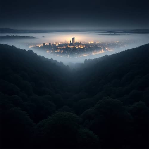 Magical Foggy Night in an Old English Cityscape