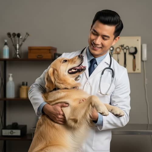 Happy Retro Style Veterinarian with Dog Care