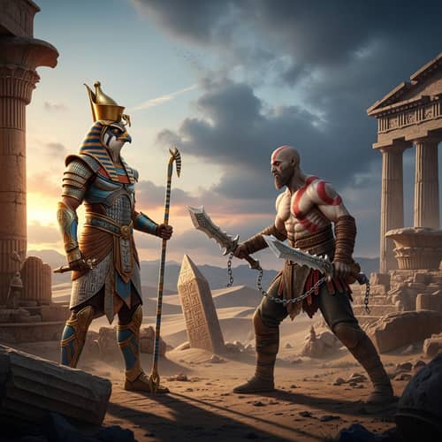 Mythological Battle: Horus vs Kratos in Desert Ruins
