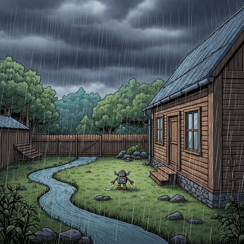 Rustic Wooden House Illustration Next to Stream | Toy Robot in Yard