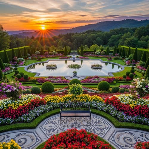 Serene Garden Oasis at Sunset with Wrought Iron Bench