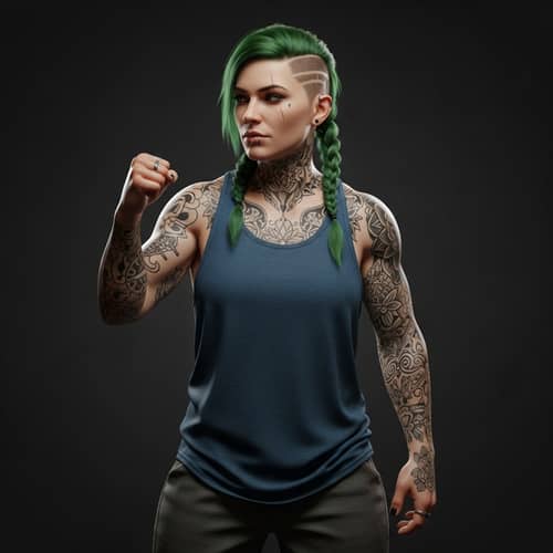 Bold Female Athlete with Short Green Hair and Tattoos