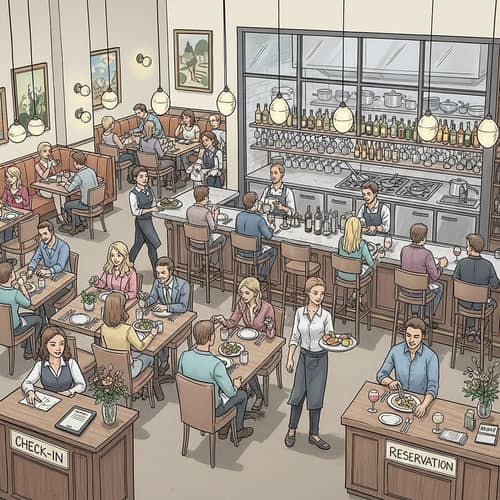 Detailed Sketch of Bustling Restaurant Interior | Best Restaurant Layout