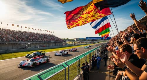 Exciting Motorsport Event with Fast Race Cars and Diverse Fans