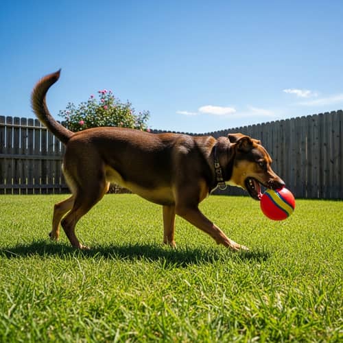 Happy Medium-Sized Dog Playing with Ball Outdoors