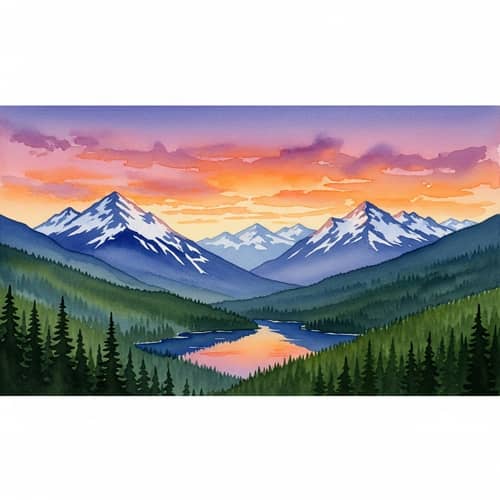 Tranquil Sunset Mountain Landscape Watercolor Art