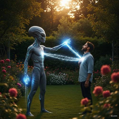 Cosmic Encounter: Extraterrestrial Being in Lush Garden