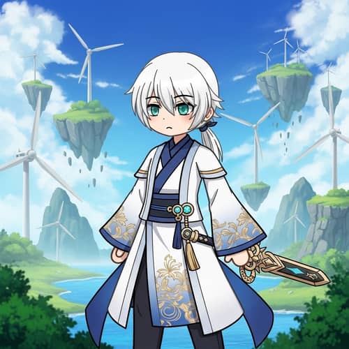 White-Haired Character in East Asian Robe wielding ceremonial weapon