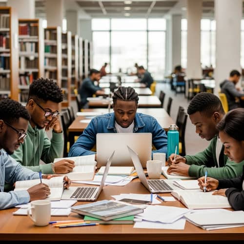 African Students Studying in a Library Environment
