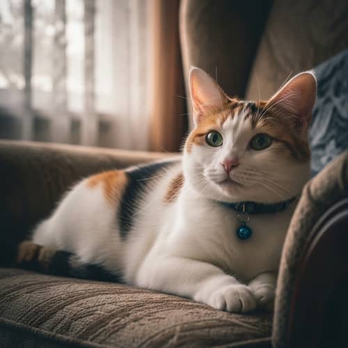 Adorable White Cat with Orange and Black Spots on Armchair