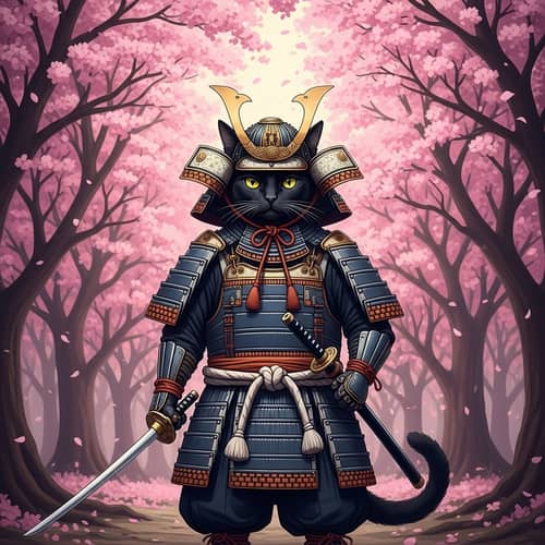 Black Cat Samurai in Pink Cherry Blossom Forest