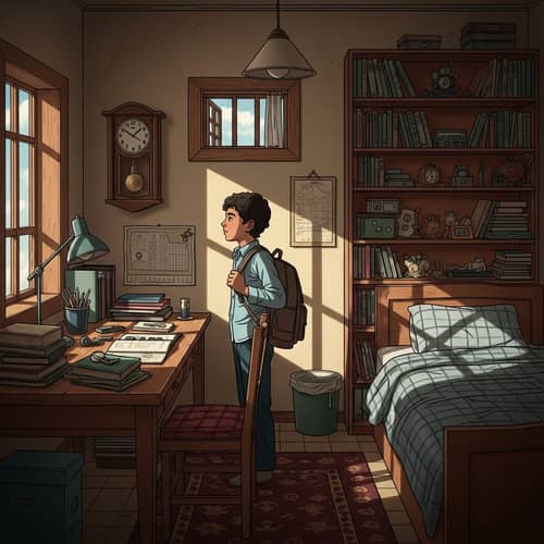 Middle-Eastern Boy in Neatly Organized Room with Antique Wall Clock