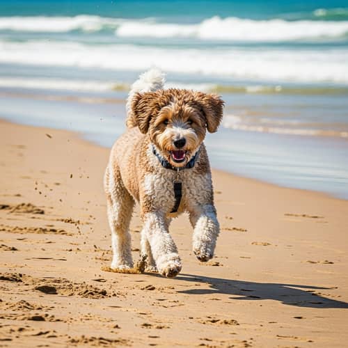 Playful Portuguese Water Dog Running on Sandy Beach