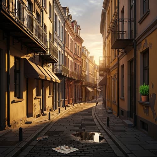 Tranquil Urban Street with Quaint Buildings and Warm Colors