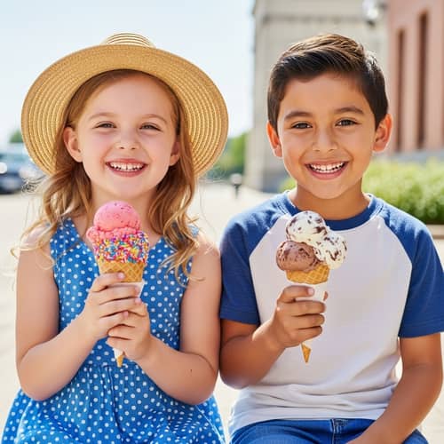 Summer Fun: Girl and Boy Enjoying Ice Cream in the Sun