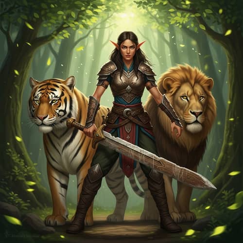 Middle-Eastern Female Elf with Wooden Sword and Big Cat in Ancient Forest