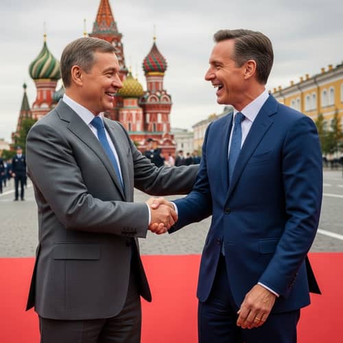 Prominent Russian and American politicians shaking hands in Moscow square