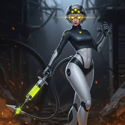 Female Demolition Drone with Yellow Neon Eyes and Silver Hair