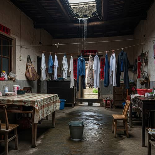 Traditional Rural House in China: Tablecloth, Steel Bucket, and Dirty Clothes