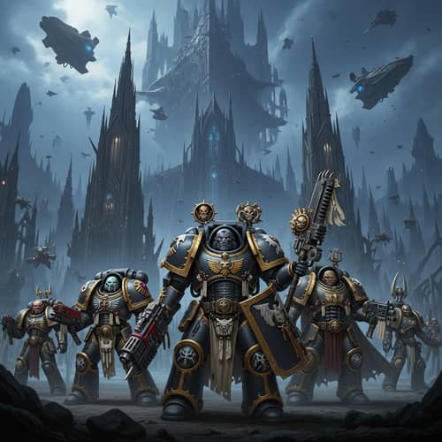 Gothic Sci-Fi Universe: Armored Figures Ready for Battle