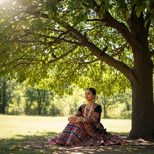 Tranquil Kumari in Traditional Dress Under Sunlit Tree