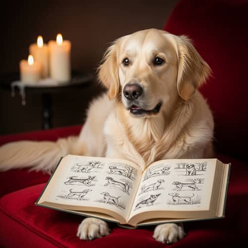 Golden Retriever Reading Book with Dog Sketches