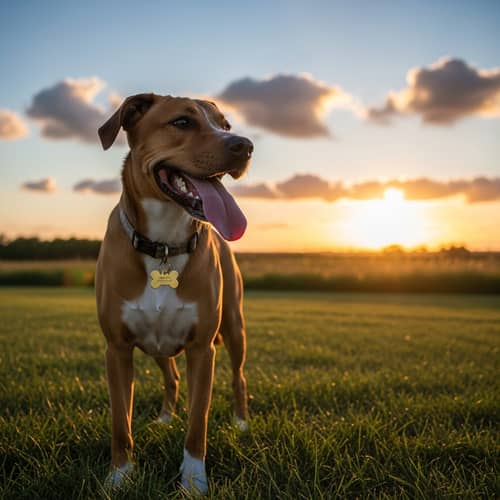 Dog in Grassy Field with Sunset Background