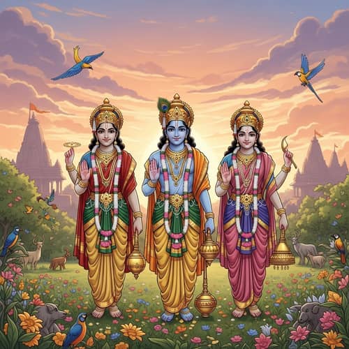 Serene Hindu Mythology Illustration with Adorned Deities in Lush Garden