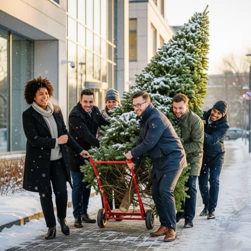 Diverse Administrators Transporting Christmas Tree | Office Fun