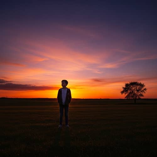 Captivating Sunset Scene with Young Boy in Open Field