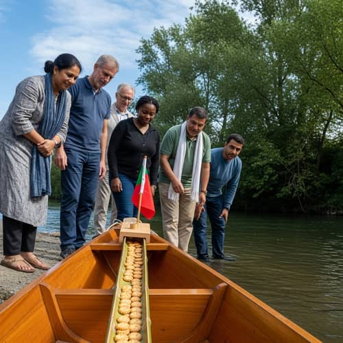 Diverse Adults Await Bumboat Delivery in Nagashi Somen Style