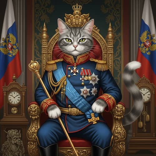 Regal Russian Empire General Cat on Throne
