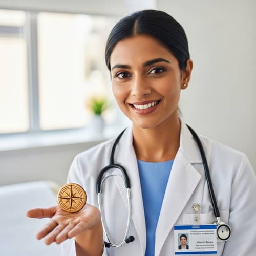 South Asian Female Doctor Smiling with Round Button