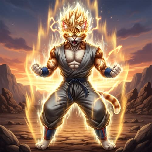 Energetic Martial Arts Cat in Golden Aura | Powerful Pose