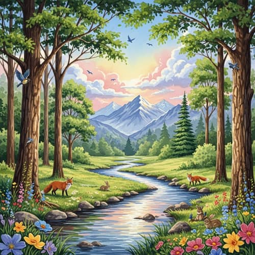 Serenely Flowing Stream Watercolor Painting with Wildlife and Mountain View