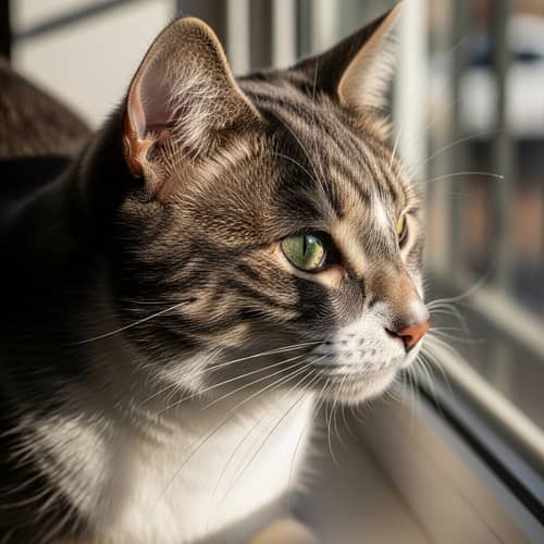 Glossy Domestic Cat on Windowsill | Smoky Gray & White Patches