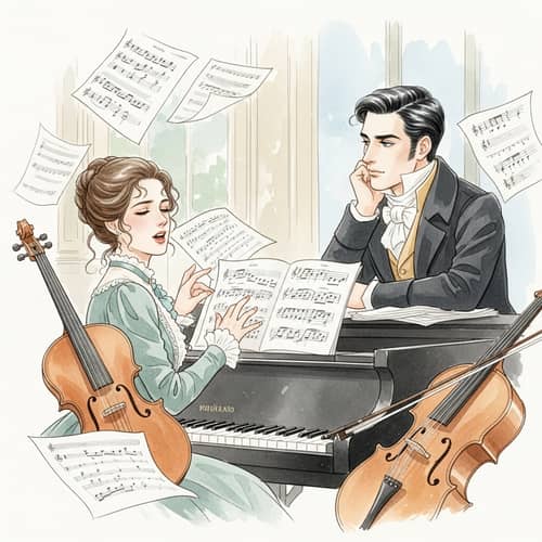 Romantic 19th Century Watercolor of Clara and Robert Schumann