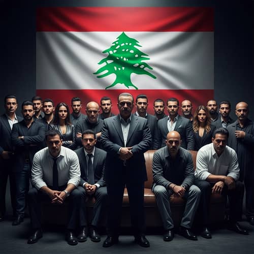 Diverse Group of Organized Crime Figures in Dimly Lit Room | Flag of Lebanon