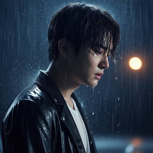 Melancholic East Asian Male Vocalist in Heavy Rain