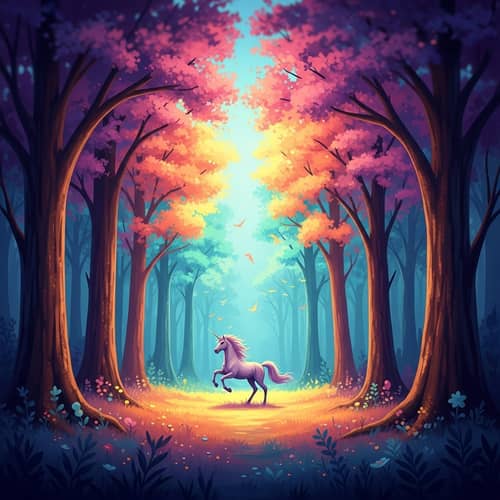 Mystical Forest with Galloping Unicorn - Fantasy Painting