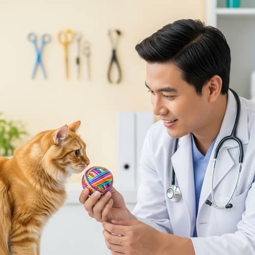 Playful Interaction: Cat Engaged with Vet