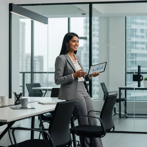 South Asian Female Executive in Modern Office | Business Strategy Discussion